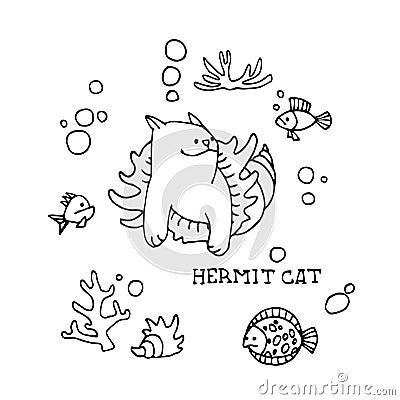 Funny cute hermit cat in a shell, marine monster, ornament element Vector Illustration